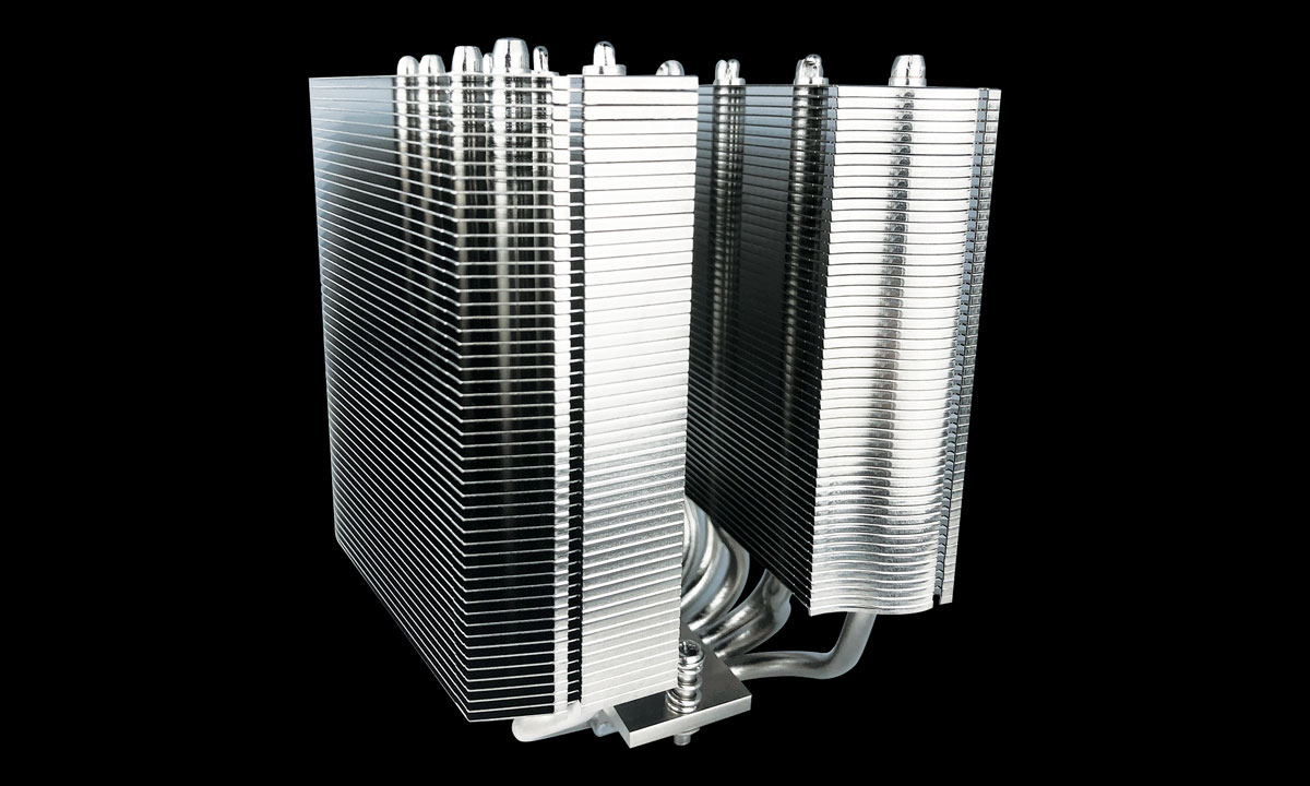 Side view of the dual tower heat sink with fans and plastic part removed, showing dense fins and multiple heat pipes   